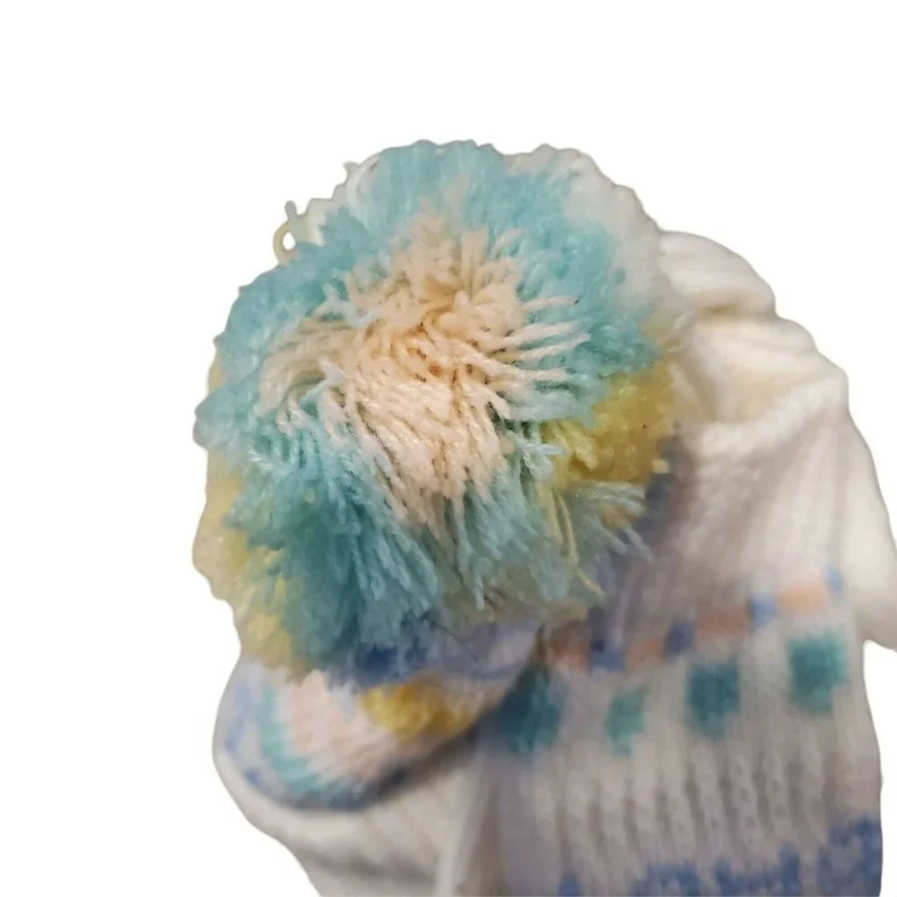 NWOT Vintage 80s Baby Stocking Hat Pom Mittens‎ Knit White Pastel Acrylic